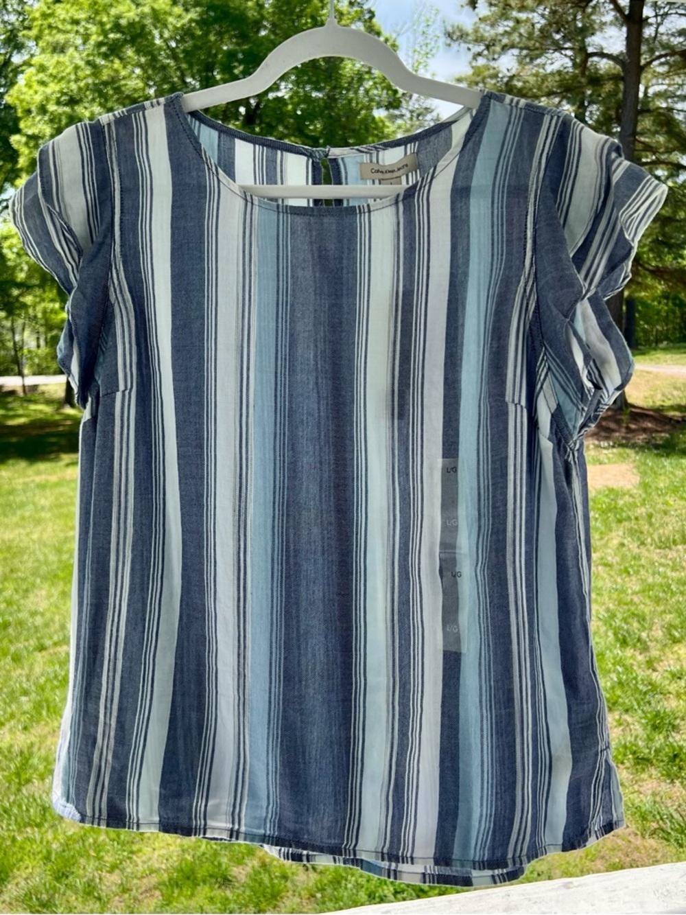 Calvin Klein Jeans Blue Striped Ruffle Sleeve Blouse - Women’s L
